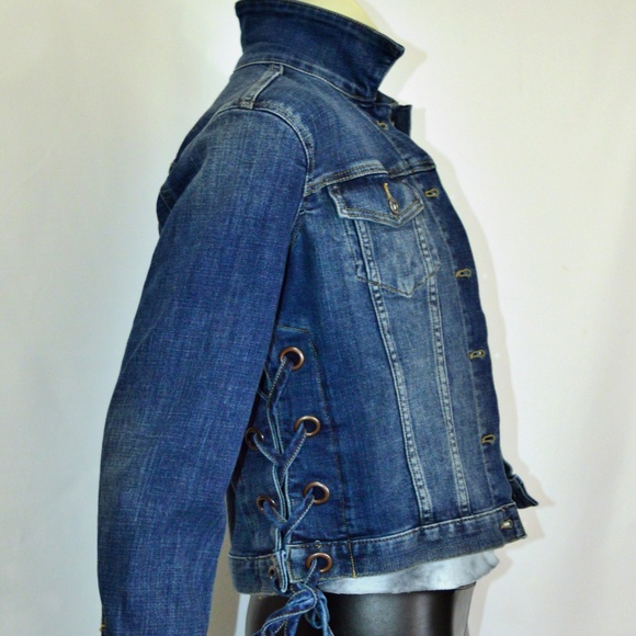 Women's Blue Laced-side Denim Trucker Jacket - Picture 2 of 6
